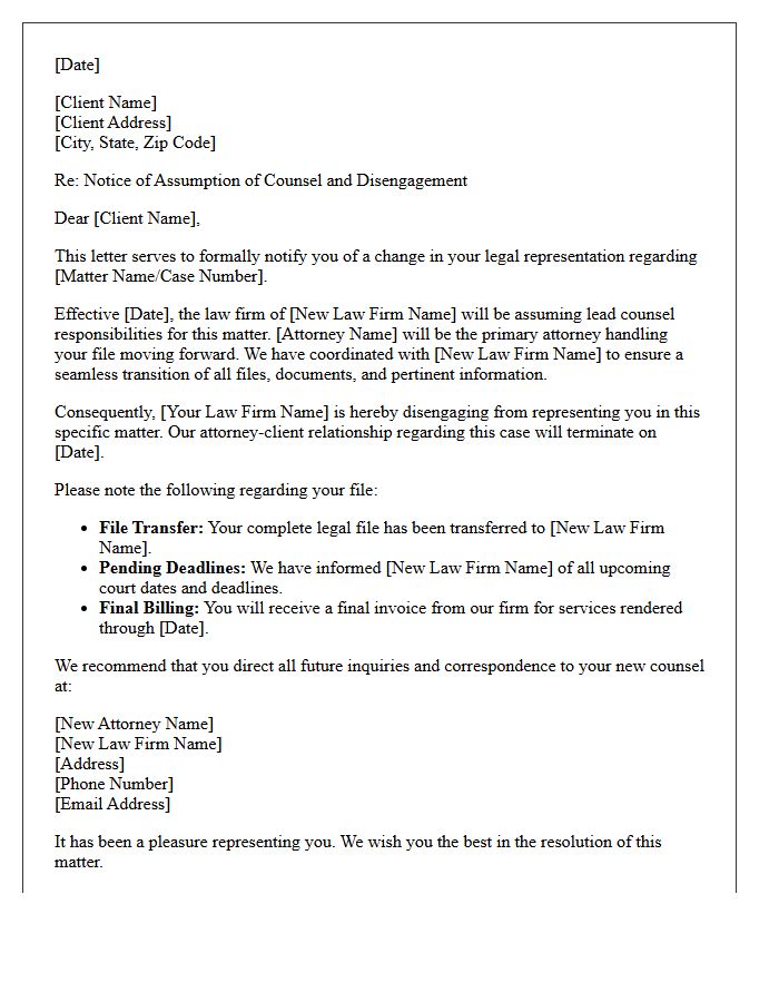 Co-Counsel Assumption Transfer Of Counsel Disengagement Letter