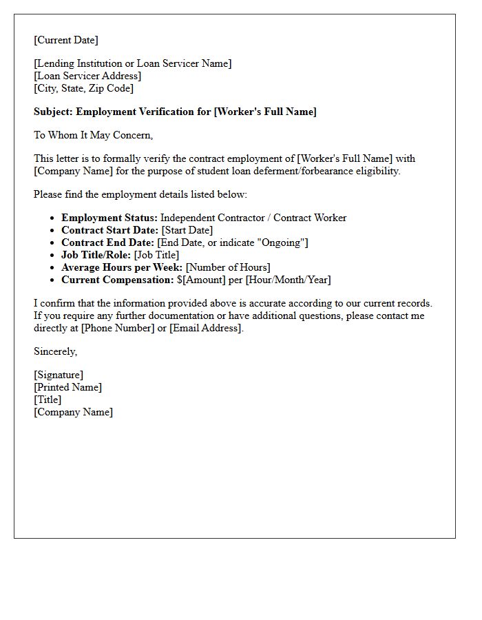 Contract Worker Employment Verification Letter For Student Loan Deferment