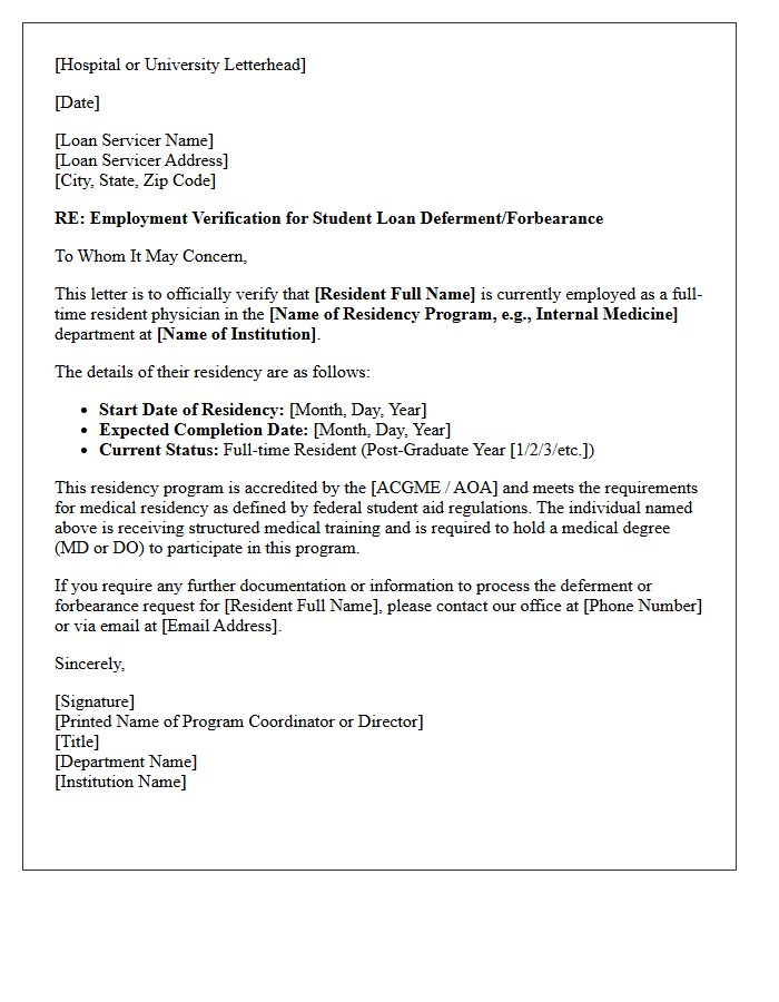 Medical Residency Employment Verification Letter For Student Loan Deferment