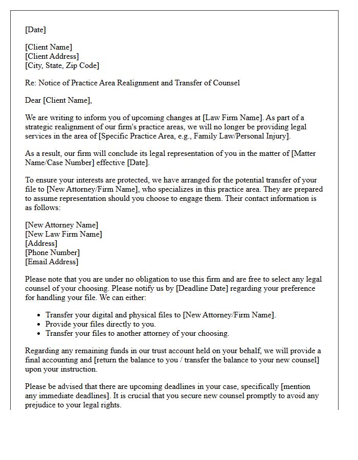 Practice Area Realignment Transfer Of Counsel Disengagement Letter