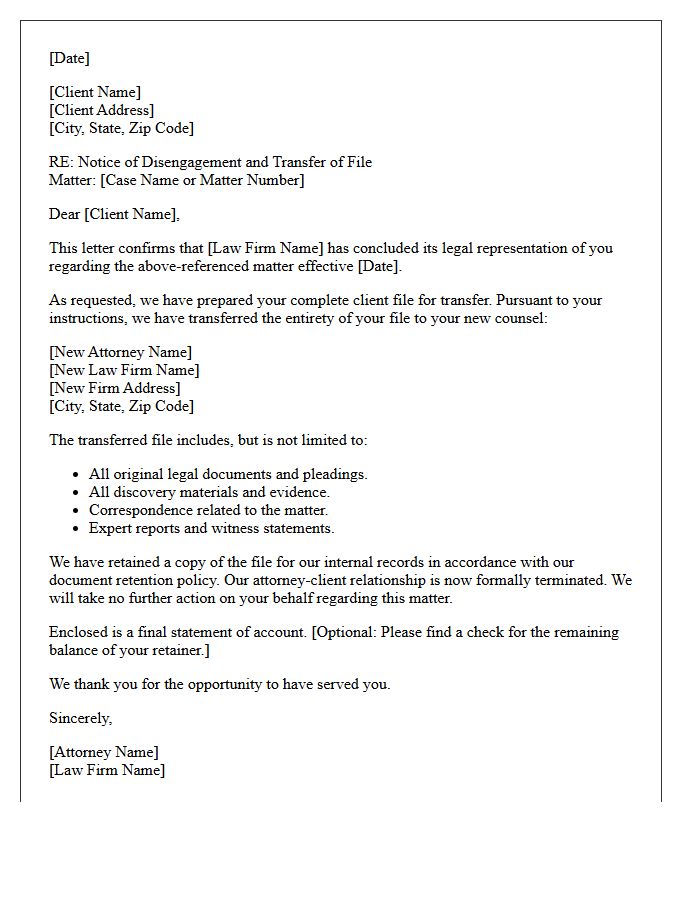 Complete File Surrender Transfer Of Counsel Disengagement Letter