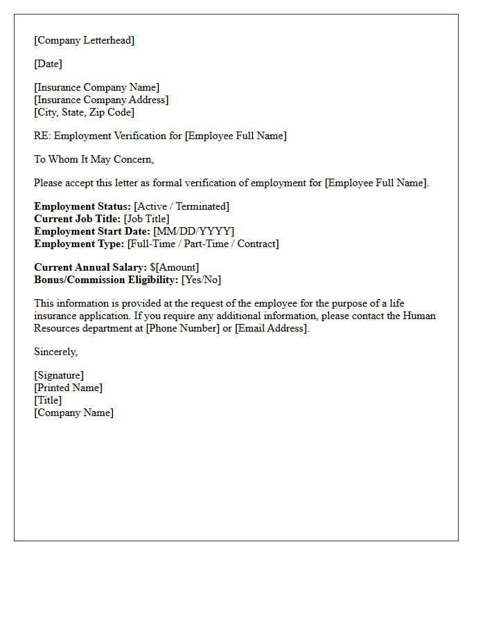Standard Employment Verification Letter for Life Insurance Provider