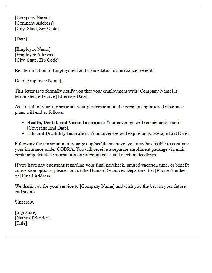Termination of Employment Letter for Insurance Benefits Cancellation