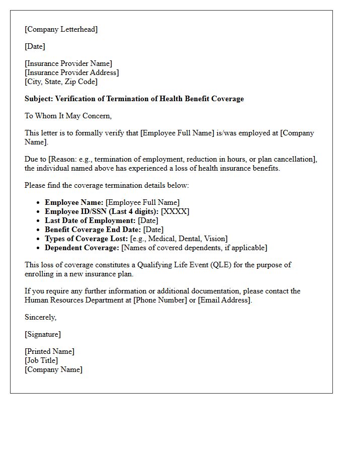 Loss of Benefits Employment Verification Letter for Insurance Provider