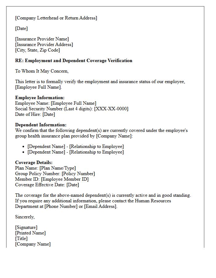 Dependent Coverage Employment Verification Letter for Insurance Provider