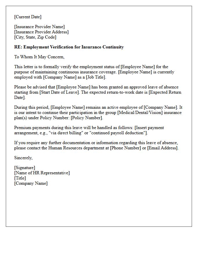 Leave of Absence Employment Letter for Insurance Provider Continuity