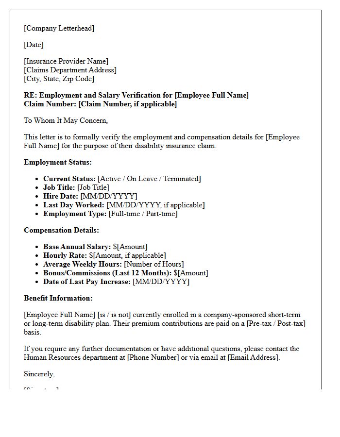 Salary and Employment Verification Letter for Disability Insurance Provider