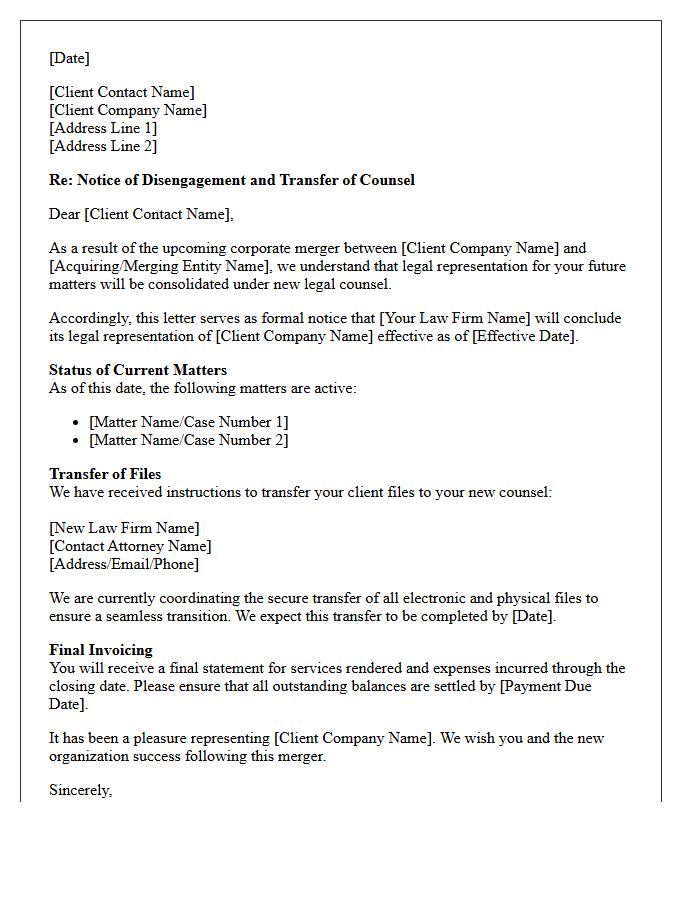 Corporate Merger Transfer Of Counsel Disengagement Letter