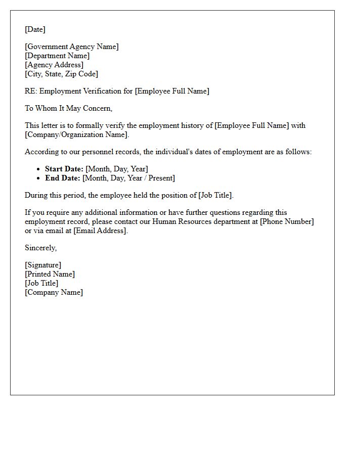 Government Agency Dates Of Employment Verification Letter