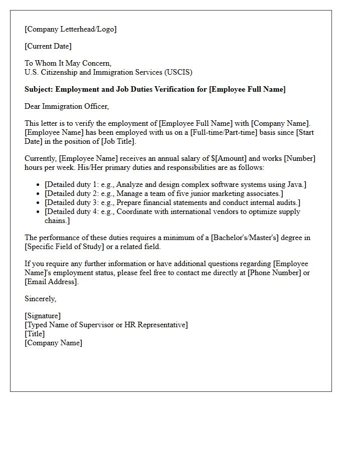 Immigration Support Job Duties Verification Letter