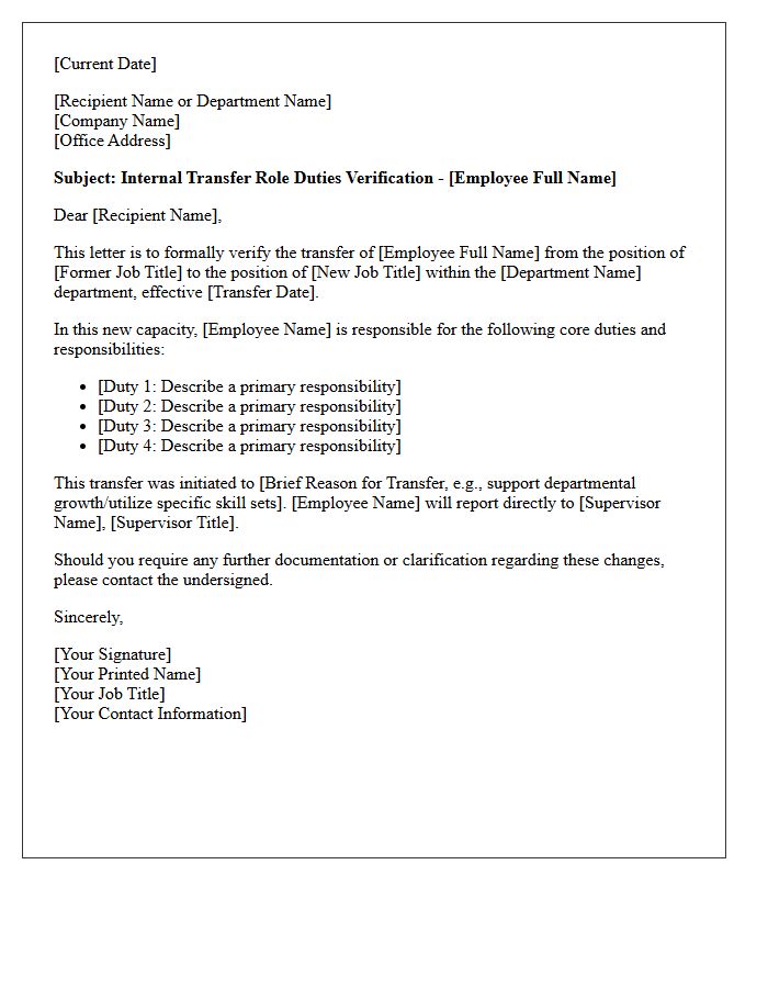 Internal Transfer Role Duties Verification Letter