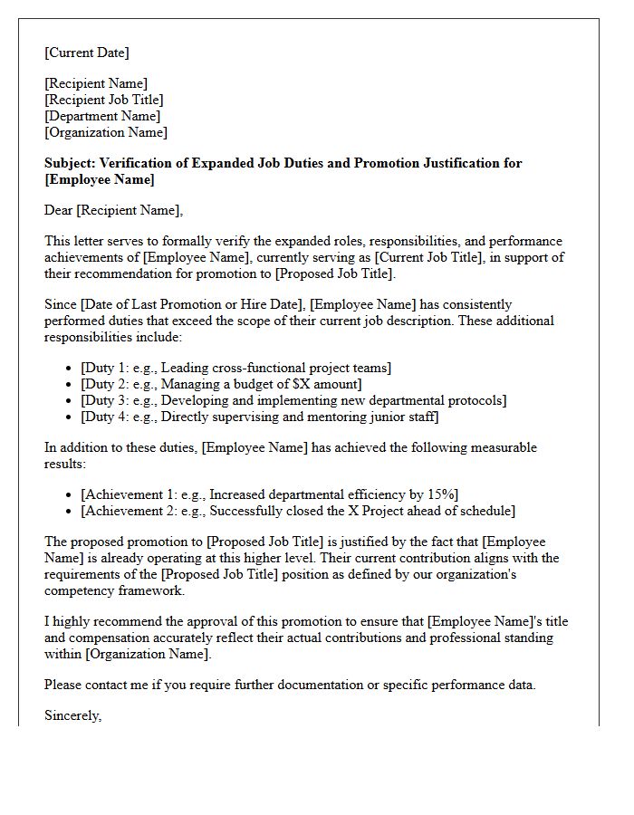 Promotion Justification Job Duties Verification Letter