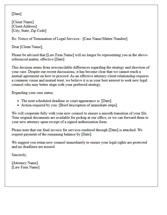 Irreconcilable Differences in Case Strategy Disengagement Letter
