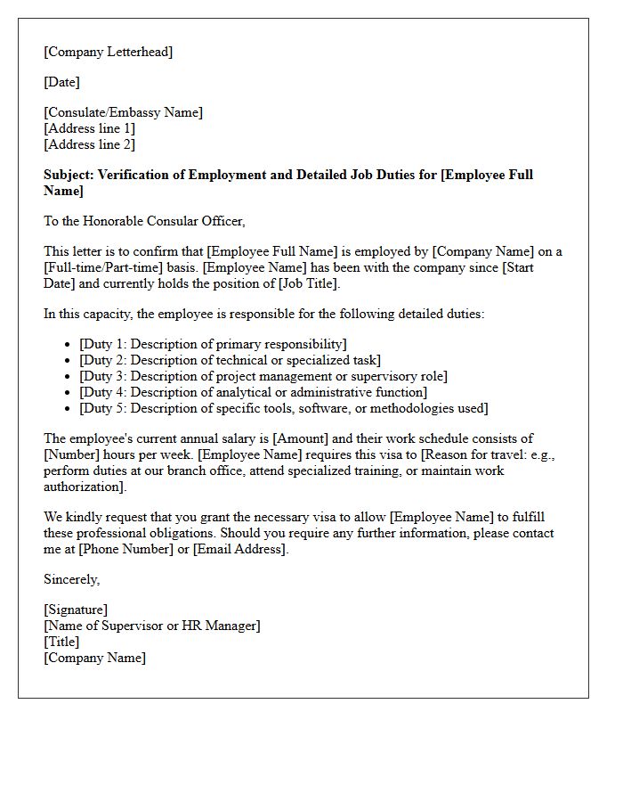 Visa Application Detailed Duties Verification Letter