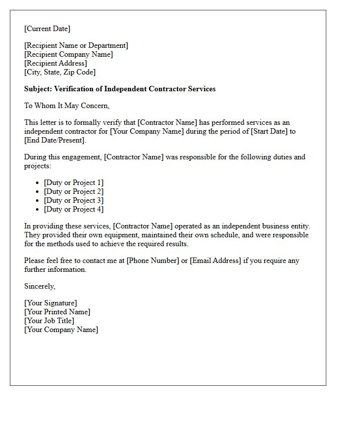 Independent Contractor Duties Verification Letter