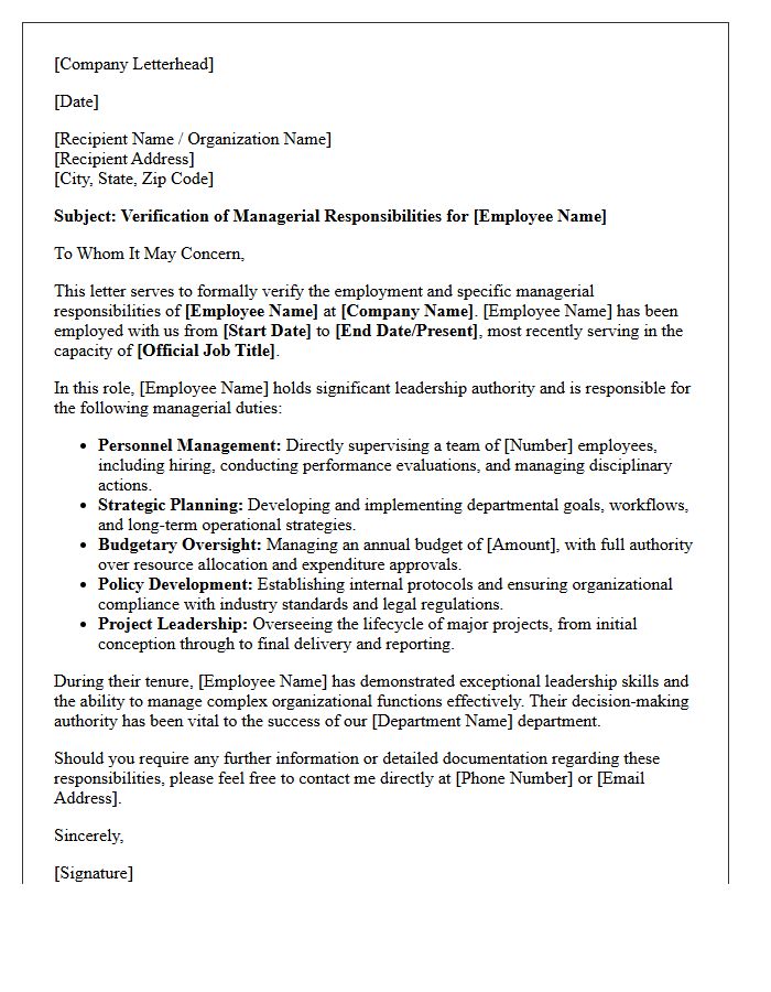 Managerial Responsibilities Detailed Verification Letter