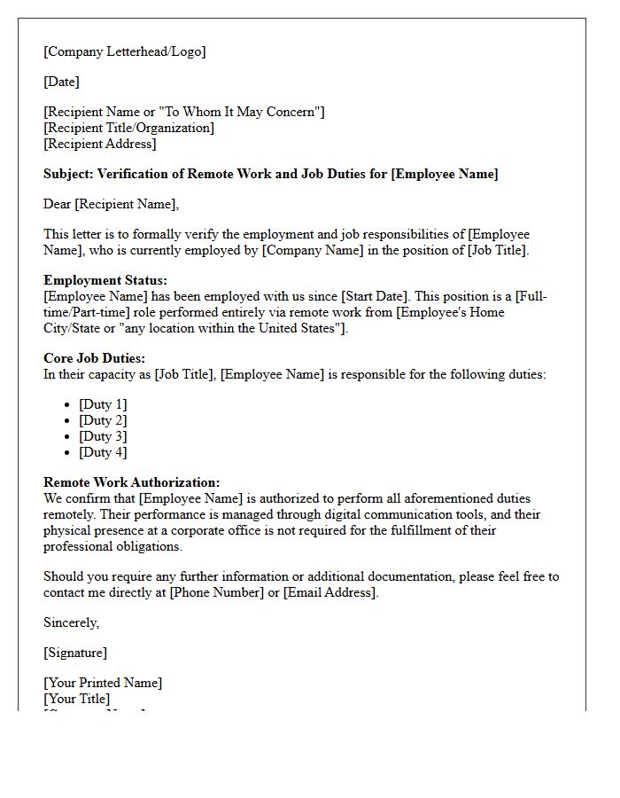 Remote Work Job Duties Verification Letter