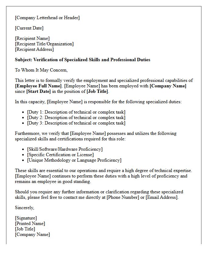 Specialized Skills and Duties Verification Letter