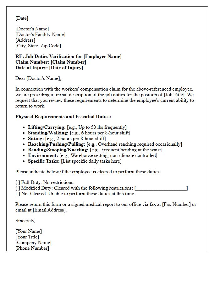 Workers Compensation Job Duties Verification Letter