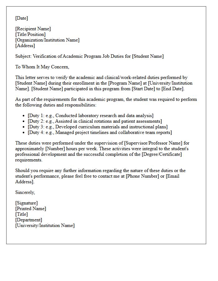 Academic Program Job Duties Verification Letter