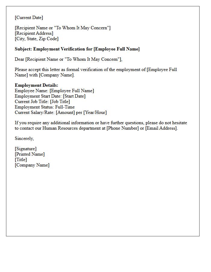 Standard Full-Time Employment Status Verification Letter