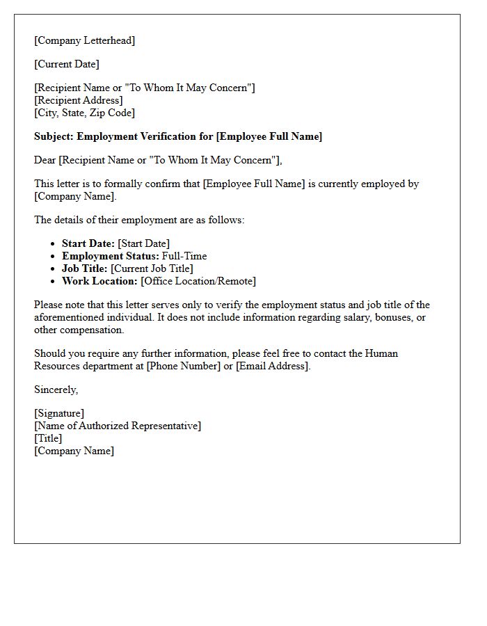 Full-Time Employment Status Verification Letter Without Compensation Details