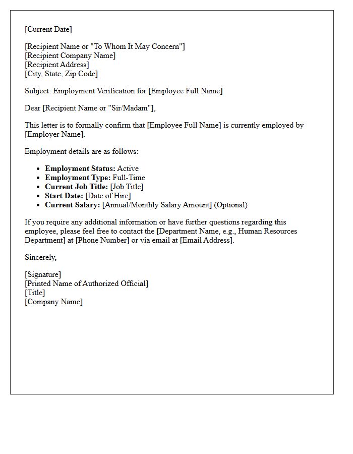 Full-Time Employment Status Verification Letter For Current Active Personnel