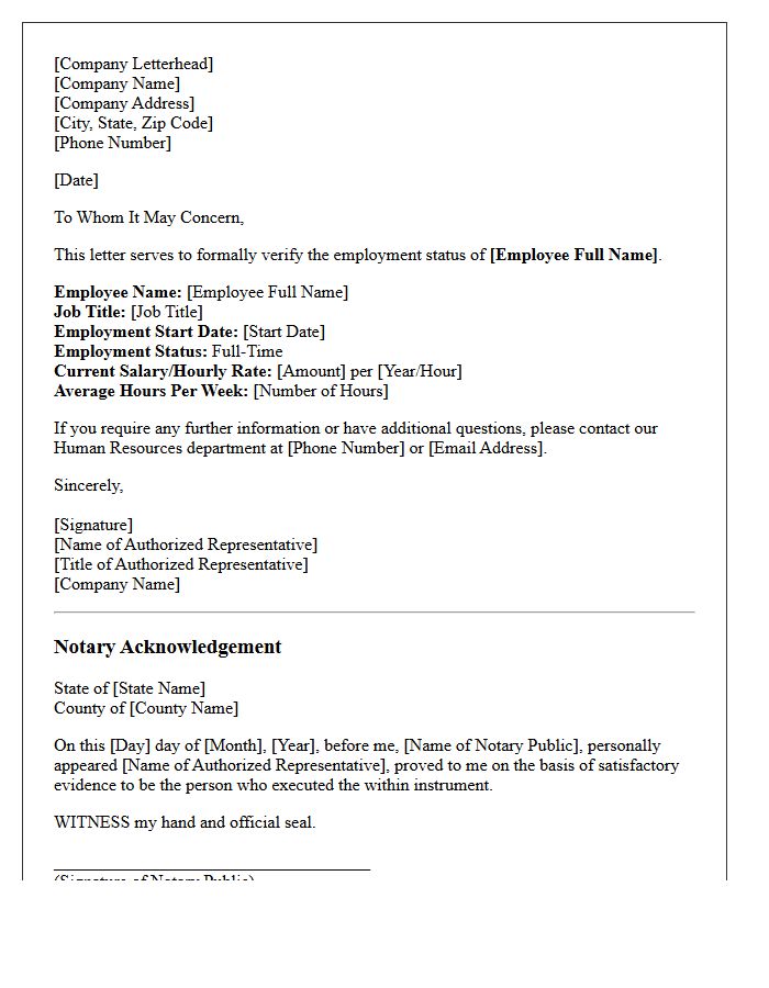 Notarized Full-Time Employment Status Verification Letter
