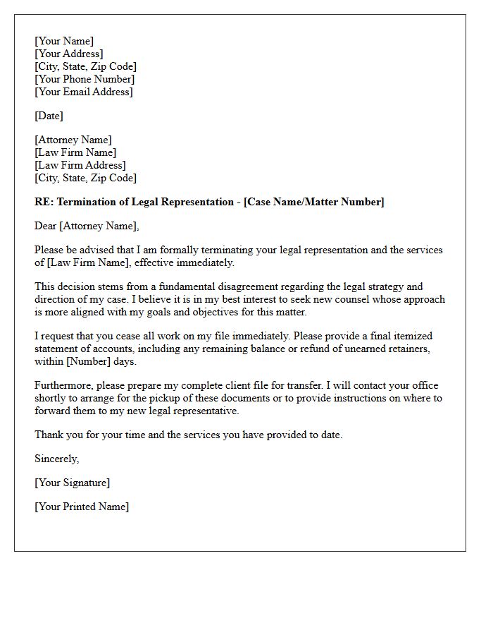 Legal Representation Termination Letter Due to Strategy Dispute