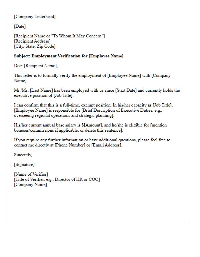 Executive Full-Time Employment Status Verification Letter