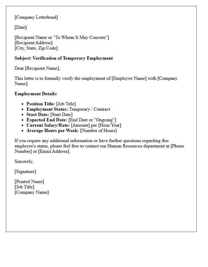 Standard Temporary Employment Verification Letter