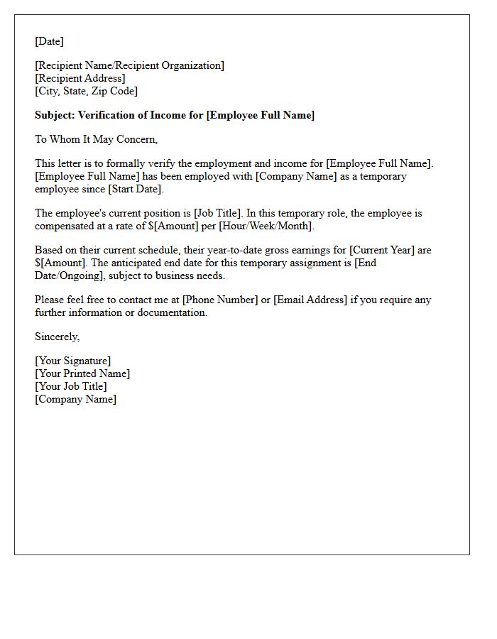 Temporary Employee Income Verification Letter