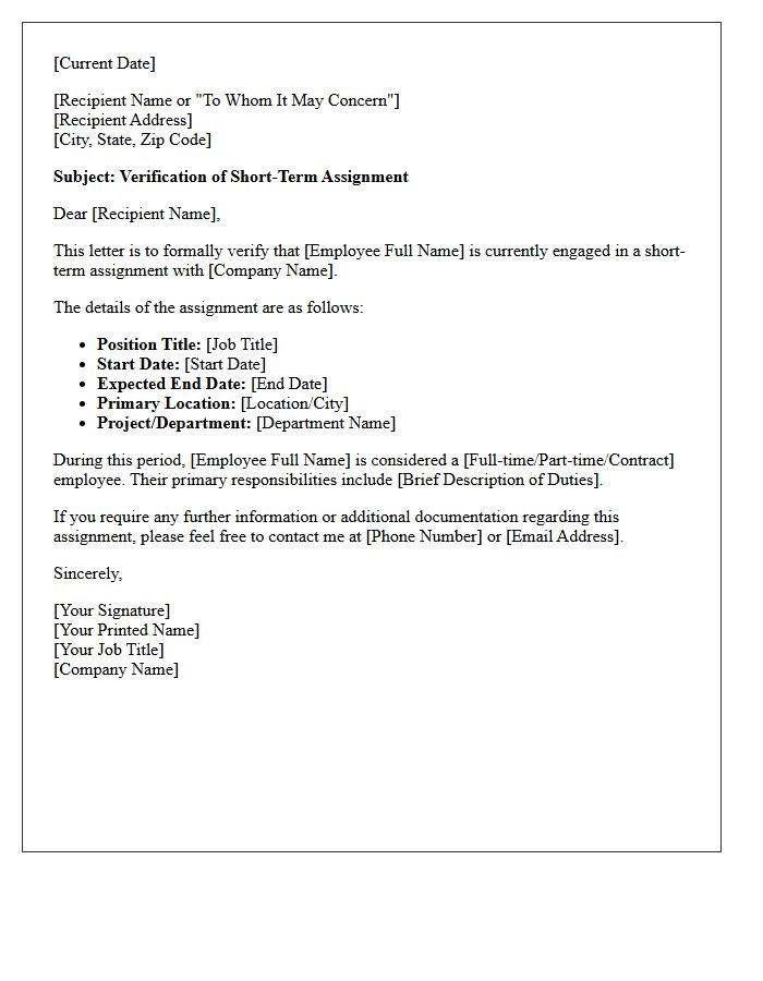Short-Term Assignment Verification Letter