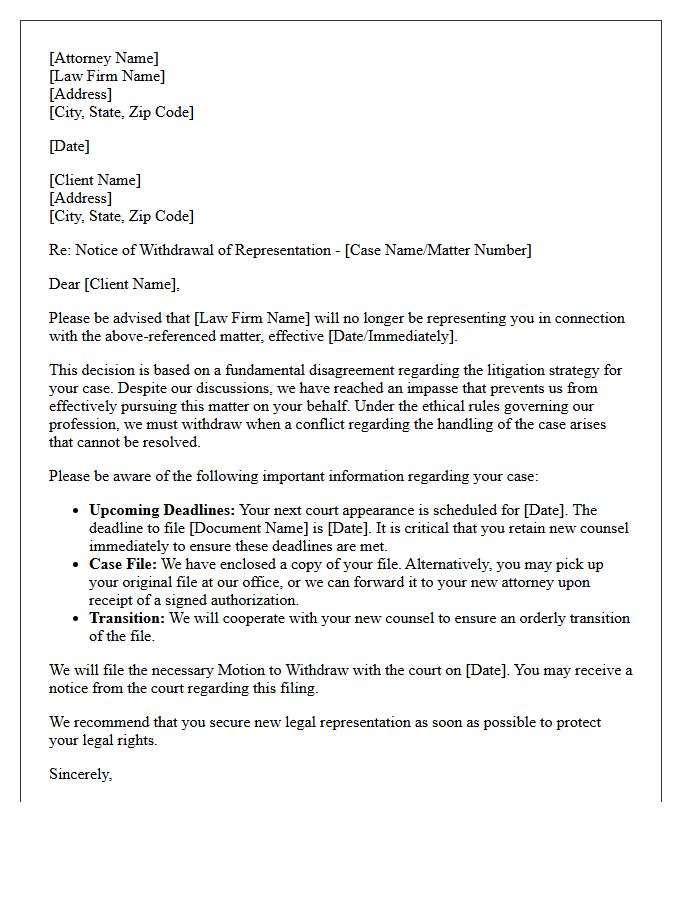 Withdrawal of Representation Letter Over Litigation Strategy