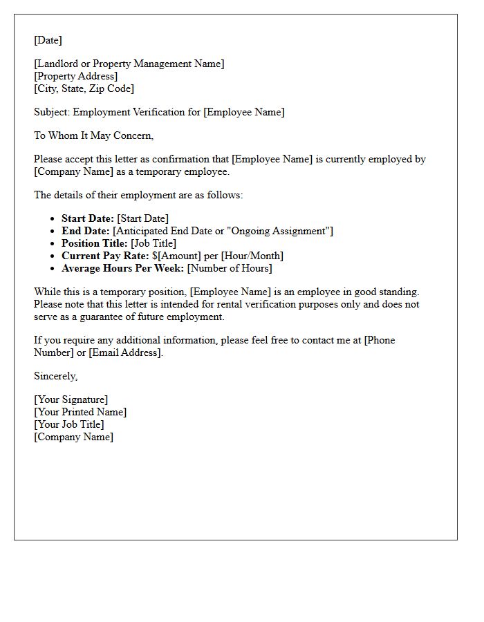 Temporary Employee Rental Verification Letter