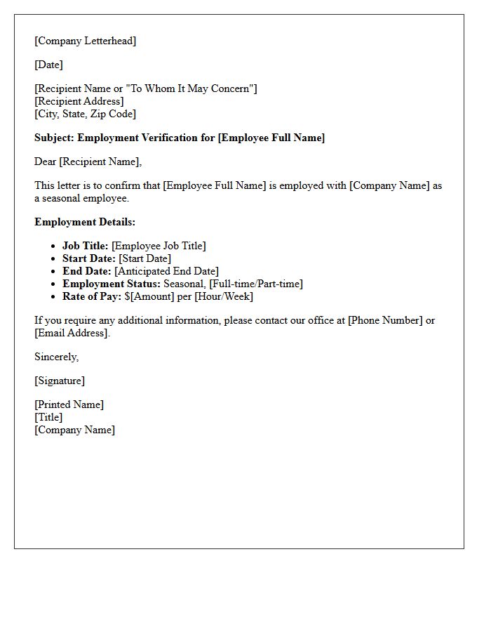 Standard Seasonal Employment Verification Letter