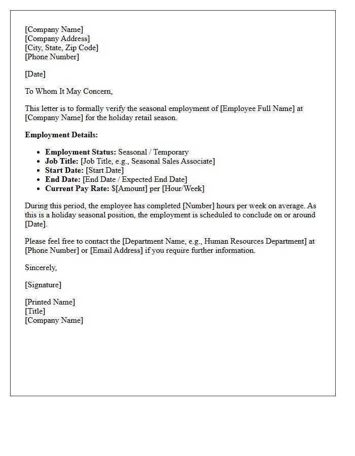 Holiday Retail Seasonal Employment Verification Letter