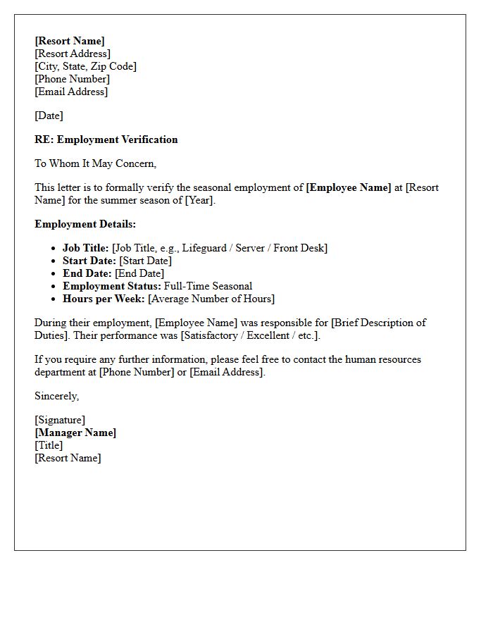 Summer Resort Staff Seasonal Employment Verification Letter