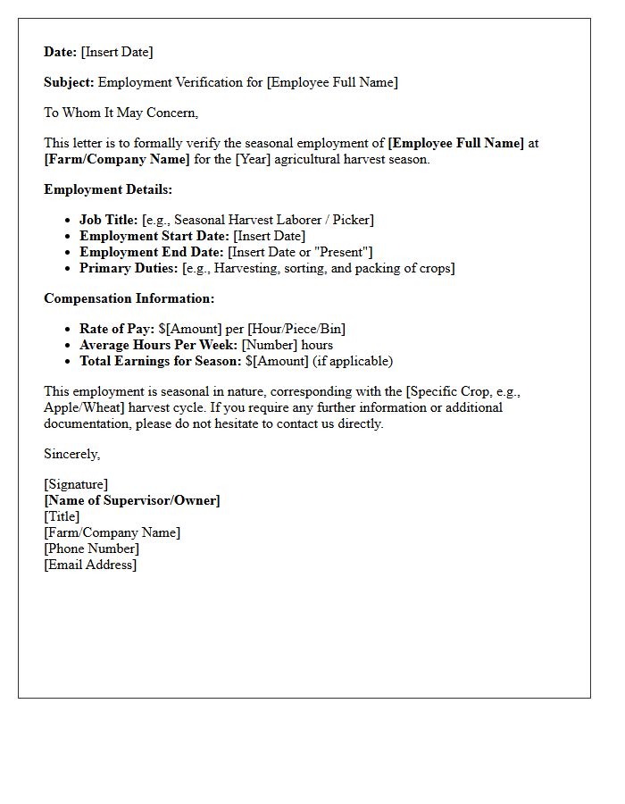 Agricultural Harvest Seasonal Employment Verification Letter