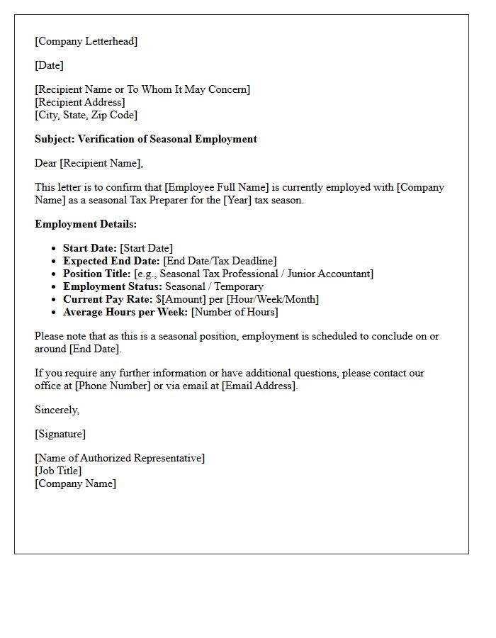 Tax Preparation Seasonal Employment Verification Letter