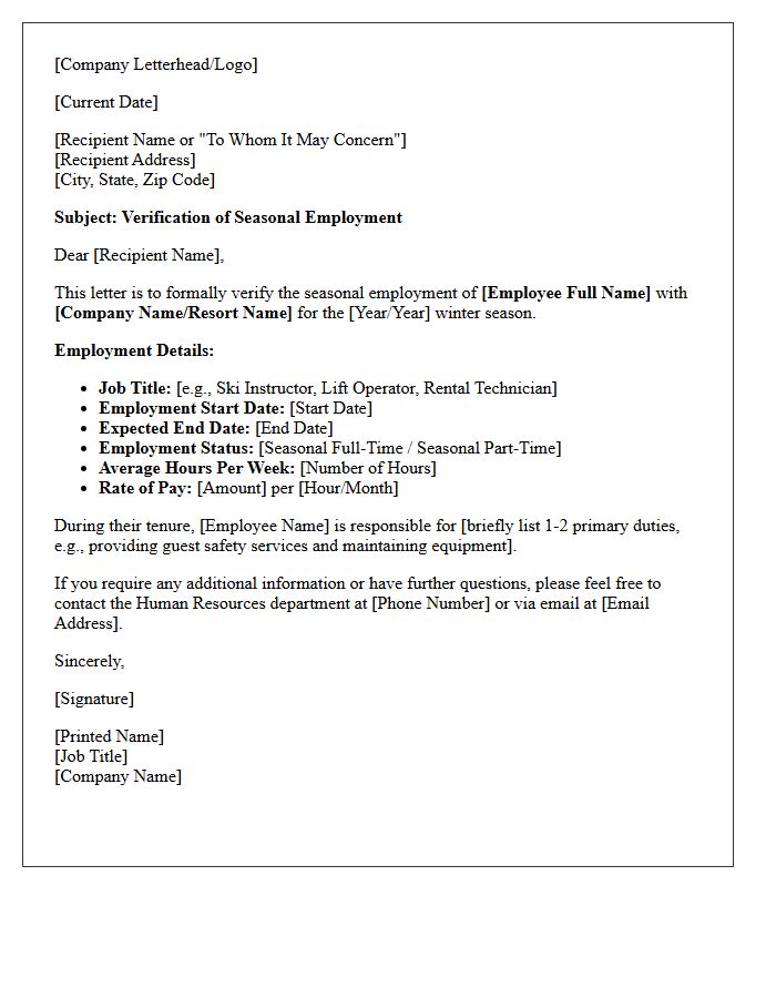 Winter Sports Seasonal Employment Verification Letter