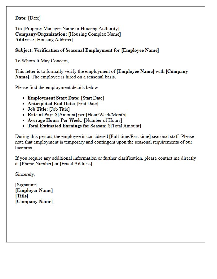 Housing Application Seasonal Employment Verification Letter