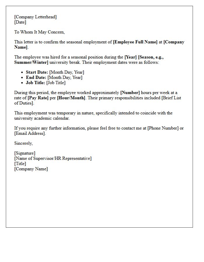 University Break Seasonal Employment Verification Letter