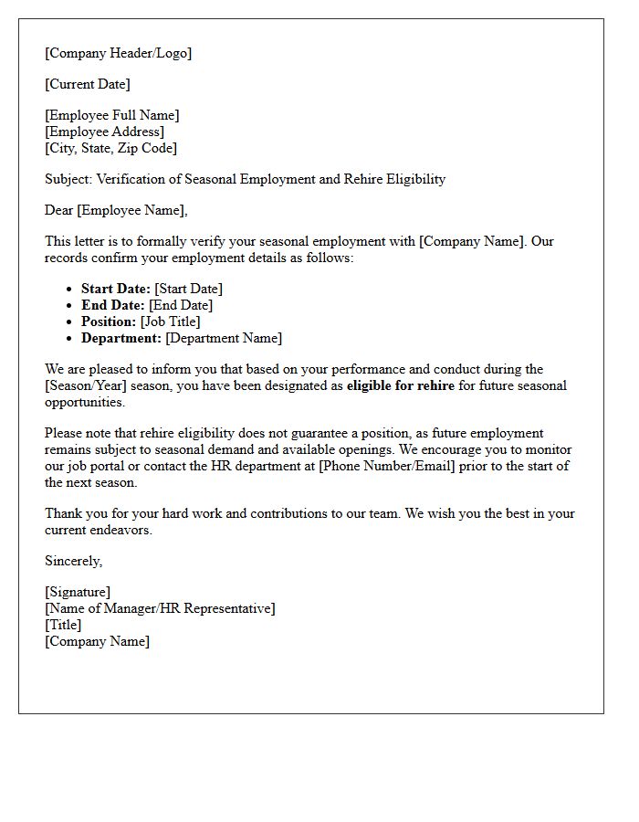 Rehire Eligibility Seasonal Employment Verification Letter