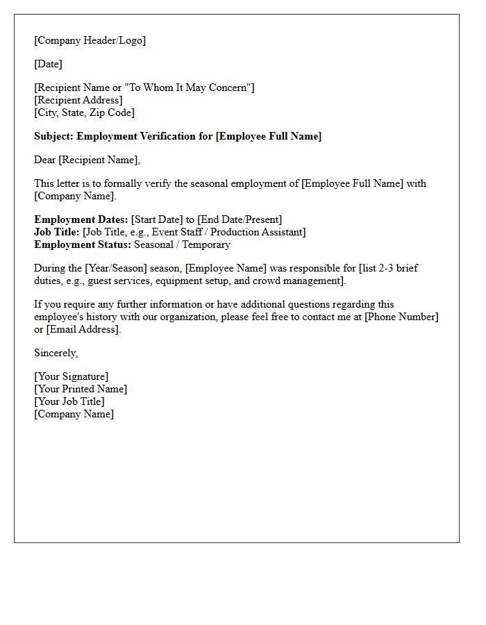 Event Staff Seasonal Employment Verification Letter