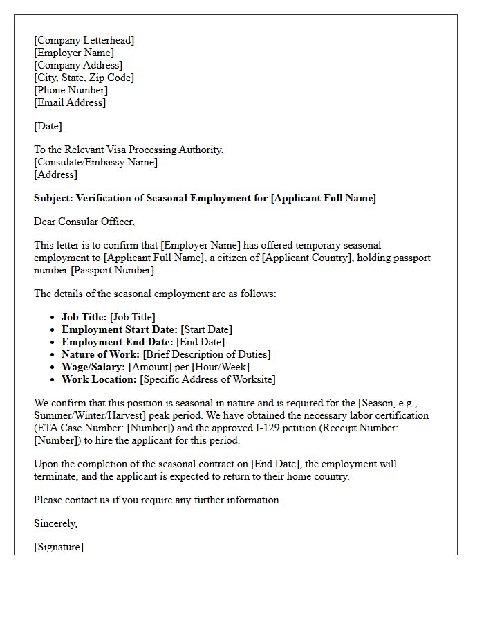 Foreign Worker Visa Seasonal Employment Verification Letter