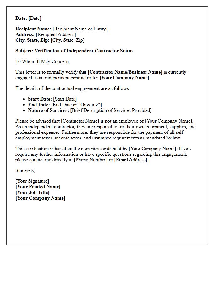 Independent Contractor Status Verification Letter