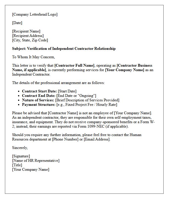 Human Resources Independent Contractor Verification Letter