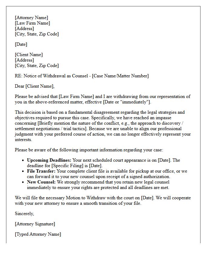 Attorney Withdrawal Letter Regarding Conflicting Case Strategies