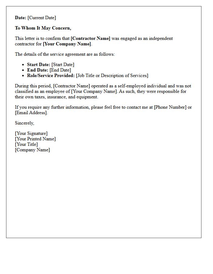 Past Independent Contractor Verification Letter